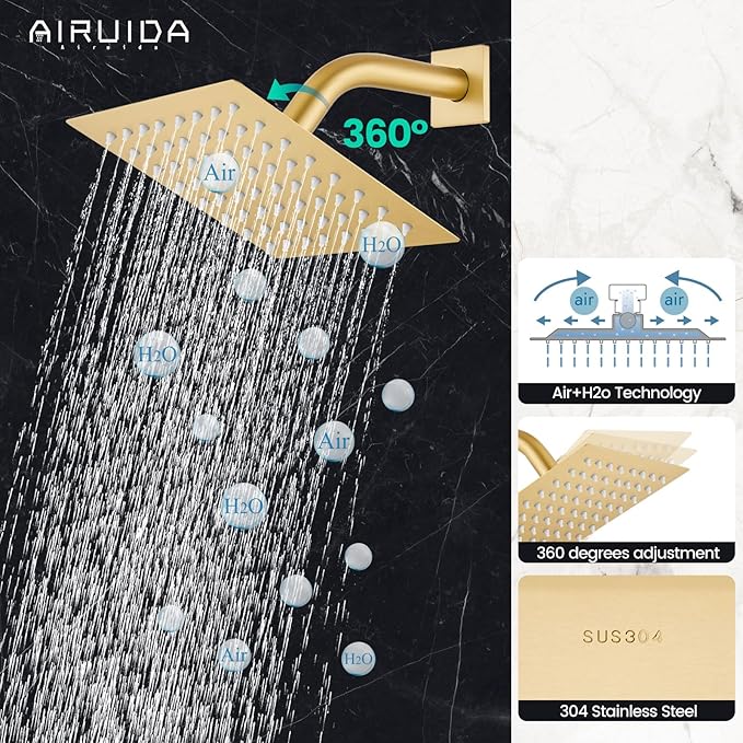 Airuida Shower Faucet Set Bathroom Rain Shower System SUS304 Stainless Steel Single Handle With Male Threads Rough-in Valve Shower Trim Kit 6 Inch Wall Mount Shower Head Brushed Gold
