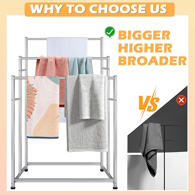 47.6 Inch Tall Free Standing Towel Racks 3 Tier Pool Towel Rack Outdoor Oversized Floor Bath Towel Drying Valet Holder Blanket Quilt Rack Stand for Bathroom Bedroom Beach Hot Tub Gym Pool Area Outside