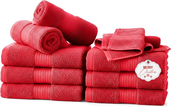 Ample Decor Wash Cloths Pack of 10, 600 GSM 100% Cotton Soft Absorbent, Premium Quality Durable, Ideal for Bathroom, Pool, Hotel, Spa - Christmas Red