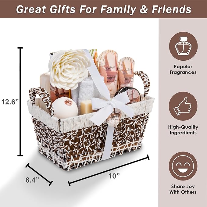Spa Baskets For Women - Luxury Bath Set With Coconut & Vanilla - Spa Kit Includes Wash, Bubble Bath, Lotion, Bath Salts, Body Scrub, Hand Cream, Shower Puff, Bathbombs, Soap and Towel