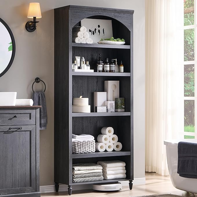 76" Tall Arched Bathroom Storage Cabinet, 5 Tiers Large Farmhouse Arched Cabinet w/Adjustable Shelves, Modern Wooden Storage Cabinet for Bathroom, Living Room, Entryway, Study Room (Dark Grey)