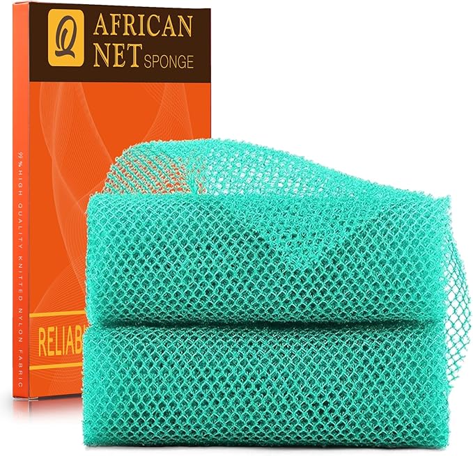 UJFQBH 2 Pieces African Bath Sponge African Net Long Net Bath Sponge Exfoliating Shower Body Scrubber Back Scrubber Skin Smoother,Great for Daily Use (Green)