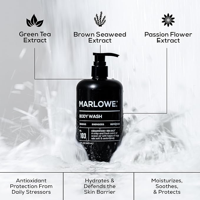 MARLOWE. No. 103 Body Wash 15 oz Pump, Cedarwood + Sea Salt, Energizing & Refreshing Shower Gel, Willow Bark & Green Tea Extracts, Cleanses, Moisturizes, Smooths & Nourishes, Fresh & Zesty Scent