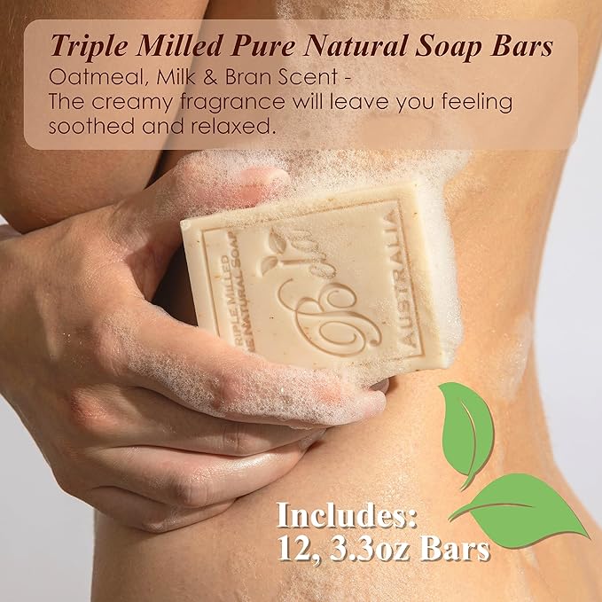 BELA Oatmeal Soap with Milk and Bran 3.3 OZ, Pack of 12, Long Lasting French Triple Milled Bar Soap with Organic Shea Butter, Hand, Face and Body Wash Bars, Made in Australia