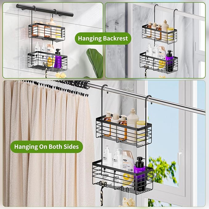 SHANSHUI Shower Hanging Caddy, Double Bathroom Showers Organizer Basket, Shampoo Bracket, Over Door Shower Rack with Hooks, 304 Stainless Steel Rustproof