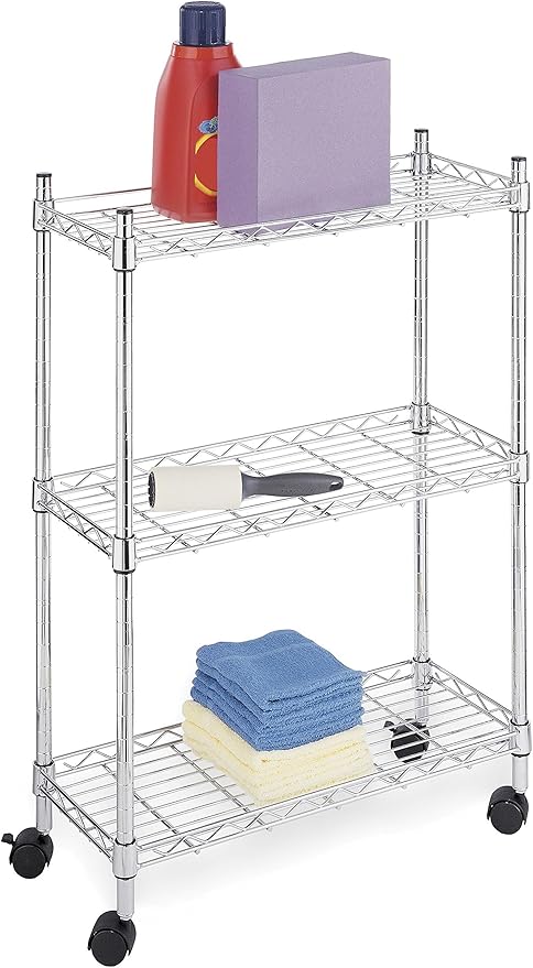 Whitmor 3 Tier Shelving Unit with Wheels, Adjustable Heavy Duty Metal Storage Shelves, 400 lbs Capacity per Shelf, 1200 lbs Total for Home, Garage, Workshop, 23" L x 9" W x 32" H, Chrome