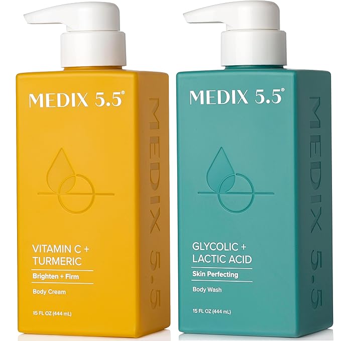 Medix 5.5 Exfoliating AHA Glycolic Acid Face & Body Wash Cleanser + Vitamin C Moisturizing Body Cream Lotion Skin Care 2PC Set | Alpha Hydroxy Acid & Lactic Acid Foaming Face Wash, 2-PC