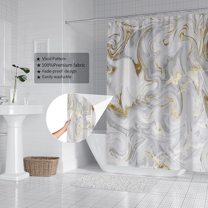 Domoku Grey Gold Marble Shower Curtain,Grey Golden Cracked Lines Abstract Modern Shower Curtain for Bathroom Decor,Waterproof Texture Washable Fabric Shower Curtain,72 X 72