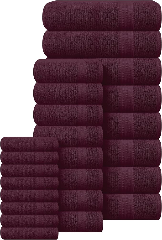 GLAMBURG Ultra Soft 24-Piece Towel Set - 100% Pure Ringspun Cotton, Contains 8 Oversized Bath Towels 27x54, 8 Hand Towels 16x28, 8 Wash Cloths 13x13 - Ideal for Everyday use, Hotel & Spa - Burgundy