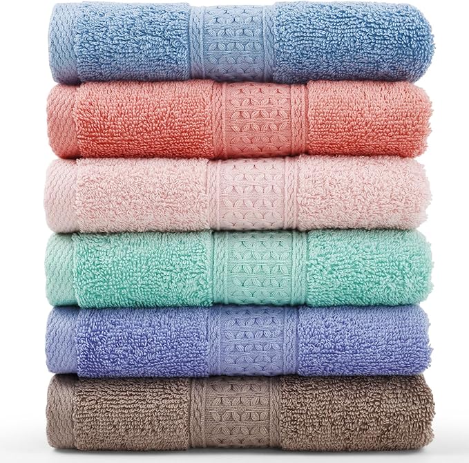 Cleanbear Face-Cloth Washcloths Set,100% Cotton, High Absorbent, 6-Pack 6 Colors, Size13 x13-deep Color