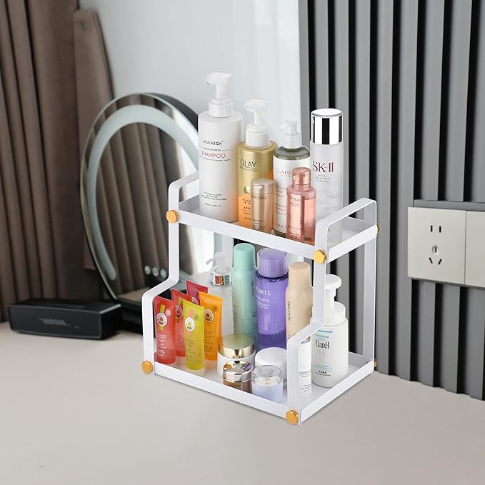 FFK 2 Tier Bathroom Countertop Organizer,Cosmetic Organizer,Storage Shelf for Bathroom,Ideal for Cabinet, Countertop, Pantry, and Desktop, for Bathroom, Kitchen, Office(White)