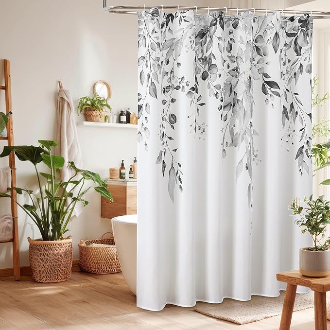 Colorful Star Grey Eucalyptus Waterproof Shower Curtain Set with Hooks, Minimalist Watercolor Floral Print Bathroom Décor, Plant Leaves Washable Fabric Shower Curtain, 72 x 84 Inch