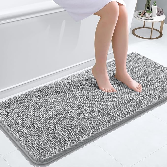 OLANLY Bathroom Rugs 47x20, Extra Soft Absorbent Chenille Bath Rugs, Rubber Backing Quick Dry, Machine Washable Bath Mats for Bathroom Floor, Tub and Shower, Home Decor Accessories, Light Grey