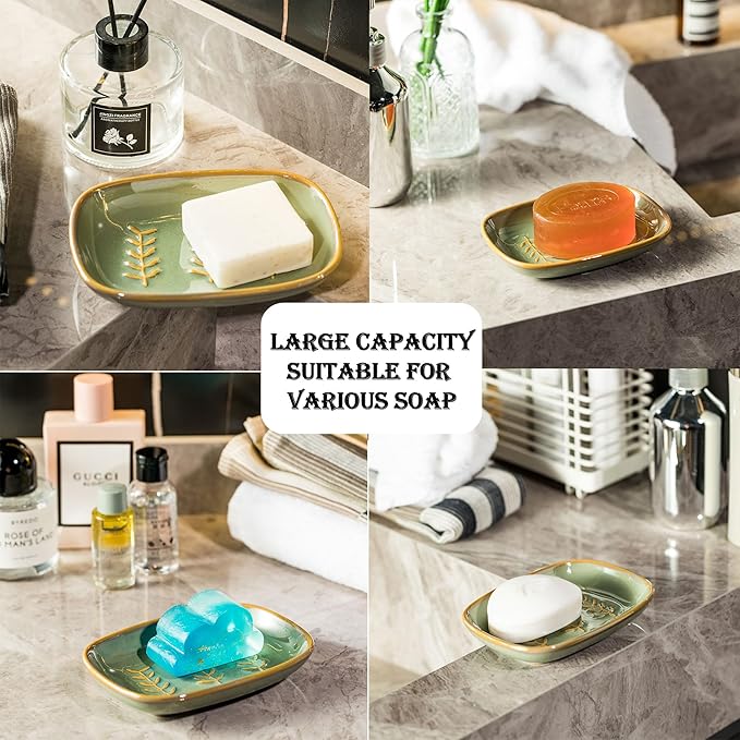 Soap Dish Soap Holder Shower, Ceramic Soap Dishes for Bar Soap Sponge, Shower Soap Dish Soap Saver Tray for Bathroom Kitchen Sink, Easy to Clean, Green