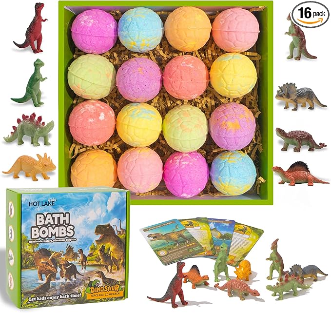 Dinosaur Bath Bombs Gift Set,16 Pack Organic Bath Bomb for Kids with Toys Surprise Inside. Natural Dino Egg Bathbombs Kit for Christmas or Birthday Gift for Girls and Boys