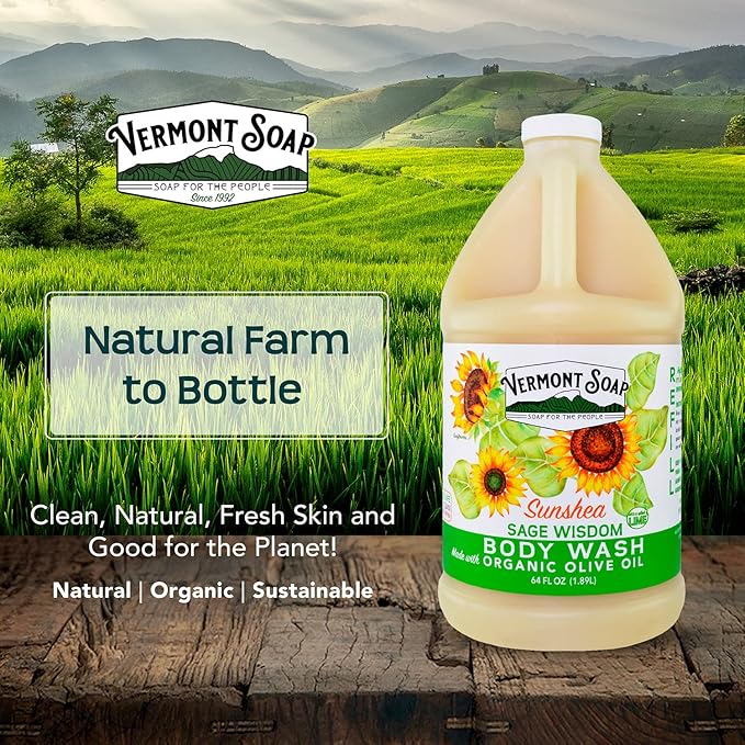 VERMONT SOAP , Natural body wash with Shea Butter, Mild Gel for Moisturizing and Soothing Skin, Fragrance Free for Women & Men (Sage Lime Wisdom, 64oz)