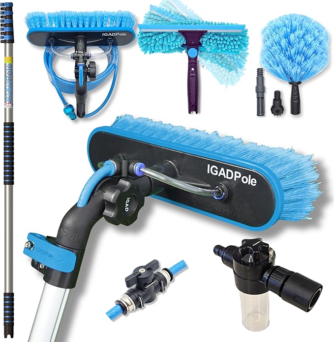 IGADPole 20 FT Water-Fed Washing Kit with Soap-Dispenser, Brush, 10″ Squeegee & Cobweb Duster for Windows, Gutters, Solar Panels & Exterior Walls