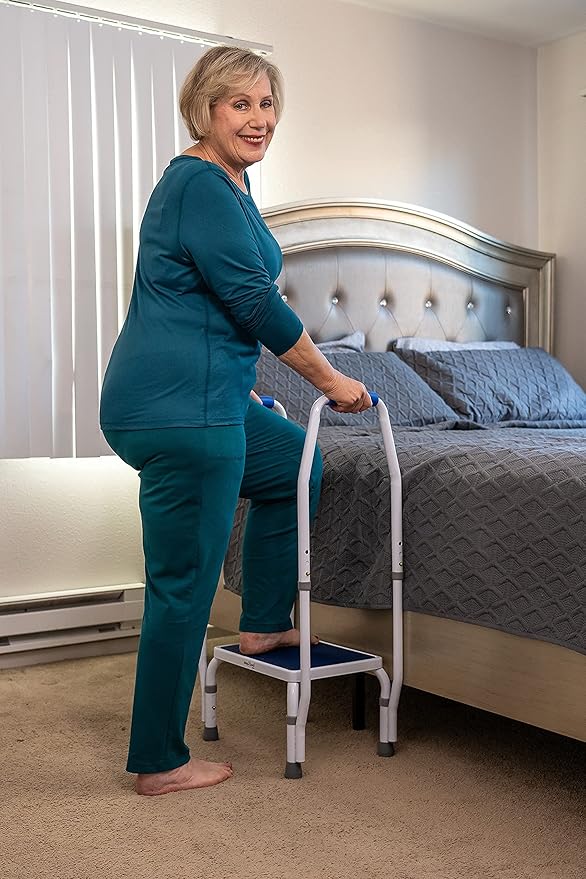 step2bed Mini Step Stool with Handle for Elderly - Adjustable Height Bed Safety Rail for Seniors with Handicap Grab Bars - Stainless Steel Portable Step Stool for Bed (300 LBS Capacity)