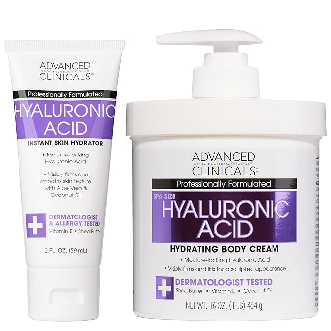 Advanced Clinicals Hyaluronic Acid Moisturizer Body Cream | Hydrating Cream & Body Lotion For Women & Men To Help Improve Look of Wrinkles, Stretch Marks, Dry Skin, & Crepey Skin, 16OZ + Travel Size