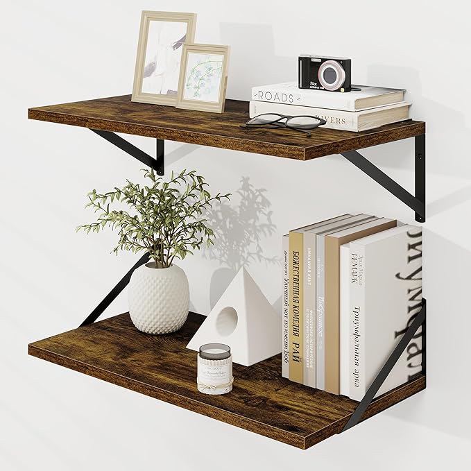 Dreamland Deep Floating Shelves for Wall, Brown Wood Wall Mounted Shelves, Large Floating Shelf 12 * 24 inchSet of 2 for Bookshelf Living Room Bedroom Home Office Bathroom