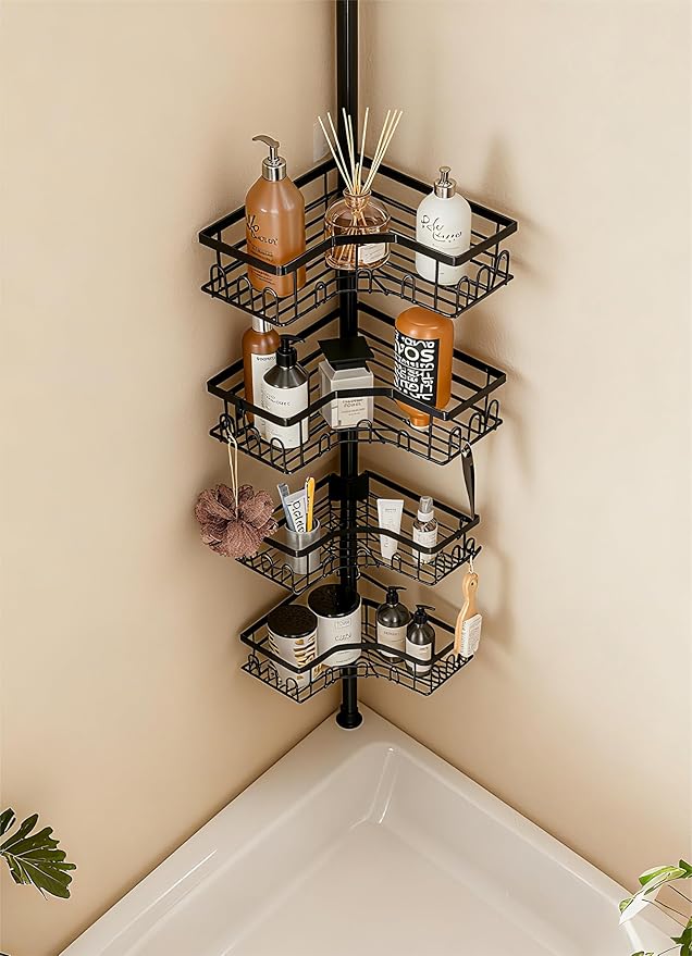 Corner Shower Caddy Tension Pole - 4-Tier Shower Corner Shelf for Bathtub Bathroom Shower Organizer - Adjustable 34in-120in, Space Saving Bathtub Accessory Shelves, Black