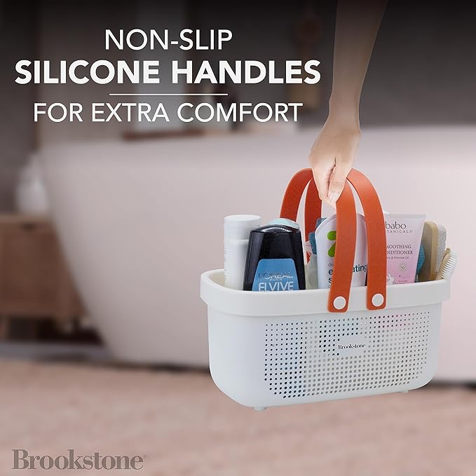 Brookstone BKH1635, Large Portable Shower Caddy with Soft Silicone Carrying Handle, Bathroom Organizer Basket, Plastic Bath Tote, Dries Quickly with Drainage Holes [BPA Free], White
