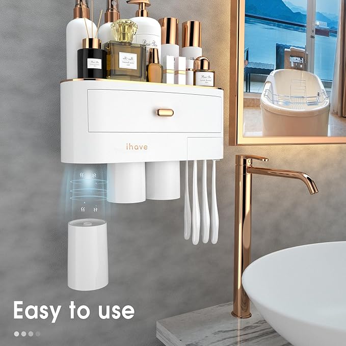 iHave Toothbrush Holders for Bathrooms - Upgrade Wall Mounted Toothbrush Holder with Toothpaste Dispenser - 3 Cups