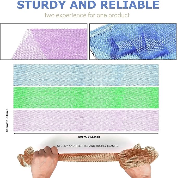 UJFQBH 3 Pieces African Bath Sponge African Net Long Net Bath Sponge Exfoliating Shower Body Scrubber Back Scrubber Skin Smoother,Great for Daily Use (Pale Purple, Blue, Green)