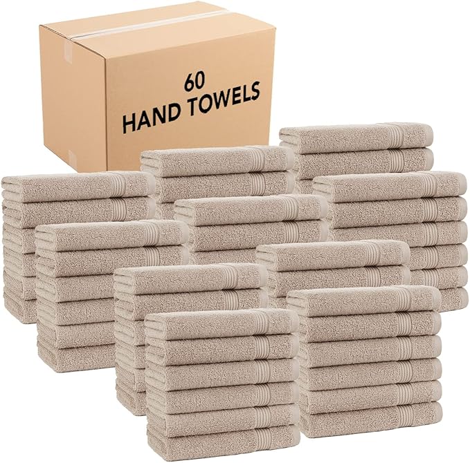 Arkwright Bathroom Hand Towels Set of 6 - (Bulk Case of 60) Super Soft 100% Cotton, 600 GSM Quick Dry & Absorbent, Luxury Bath Essentials for Hotels, Spa, Hosts, and Vacation Rentals, Latte Beige