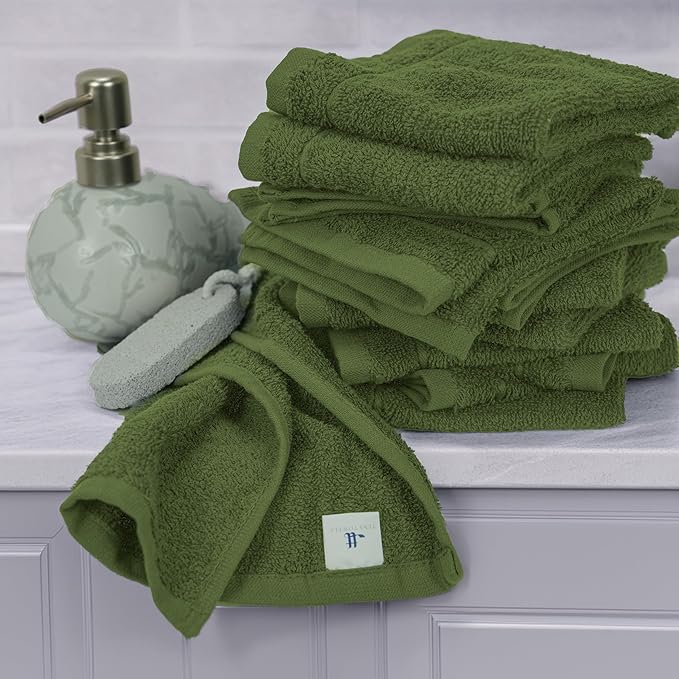 Tens Towels Pack of 60 Washcloths, 12 x 12 Inches, Lighter Weight, Quick to Dry, Super Soft & Absorbent, Gentle Face Towels, Hotel Quality, Perfect for Bathroom, Gym, Spa (Forest Green, 60 Pack)