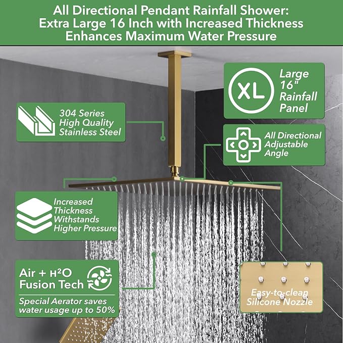 VANFOXLE Shower Faucet Set Brushed Gold Shower System,Shower Faucet with 2 in 1 Handheld,Ceiling Mount 16 Inch Shower Head+6 Inch Shower Head(Rough-in Valve Body and Trim)
