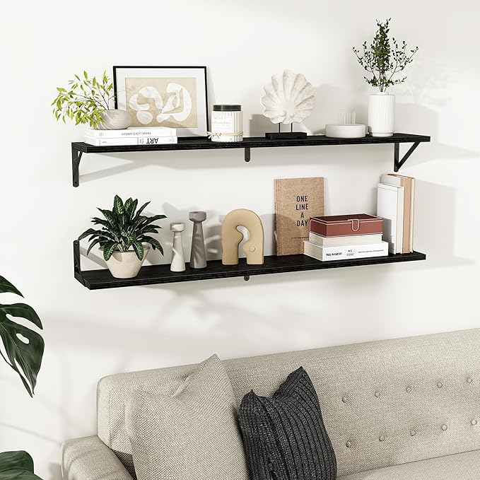 Dreamland Deep Floating Shelves for Wall, 48W x 8D Wall Mounted Shelves Set of 2, Wide Display Ledge Shelf with Sturdy Metal Brackets for Living Room, Bathroom, Bedroom and Kitchen, Black