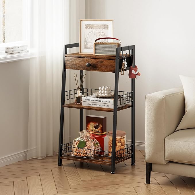 3-Tier Ladder Shelf with Drawer, Bathroom Stand Floor Storage Shelf, Freestanding Tower Shelf Ladder Table for Living Room, Bedroom -Rustic Brown