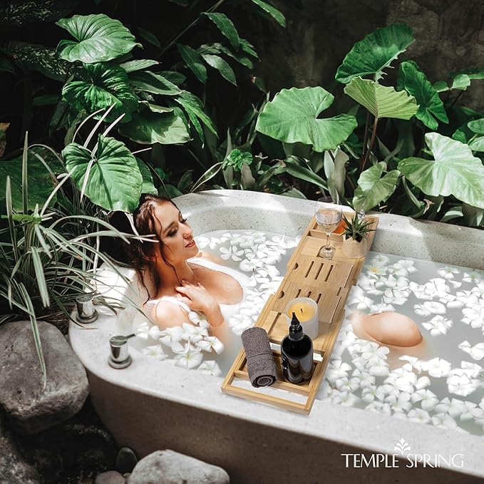 Temple Spring Foldable Bathtub Tray, Unique Design Selfcare Bathroom Caddy, Bamboo Spa Bathroom Tray, Wooden Bathtub Accessories, Wedding Gift/Birthday Gift/New Home Bath Table