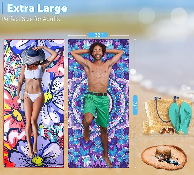 2 Pack Microfiber Oversized Lightweight Beach Towel 71"x32" XL Extra Large Thin Sand Free Towels Travel Swim Pool Yoga Gym Camping for Adults Women Men Beach Essentials Accessories Vacation Gift
