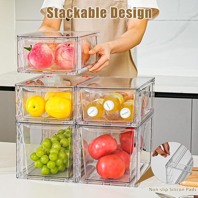 6Pack Pantry Organizers and Storage,Clear Stackable Kitchen Storage Organizer,Foods Organizer Bins with Handles, Easily Assemble for Bathroom, Kitchen, Refrigerator, Pantry, Cabinet, Closet