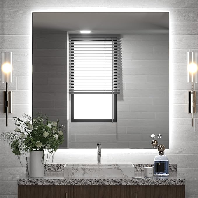 TETOTE 36 x 36 Inch LED Backlit Mirror with Light Bathroom,Anti-Fog,Dimmable,CRI90+,IP 54Water Proof,Vanity Mirror with Light,Wall Mounted,Horizontal/Vertical