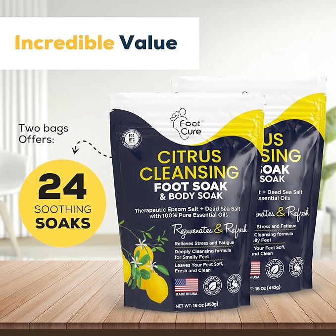 FOOT CURE Citrus Detox Foot Soak With Epsom Salts for Foot Callus, Immune Boost, Damaged Toenail, Athletes Foot, Pedicure and Soothes Tired Aching Feet - 16 oz (Pack of 2)