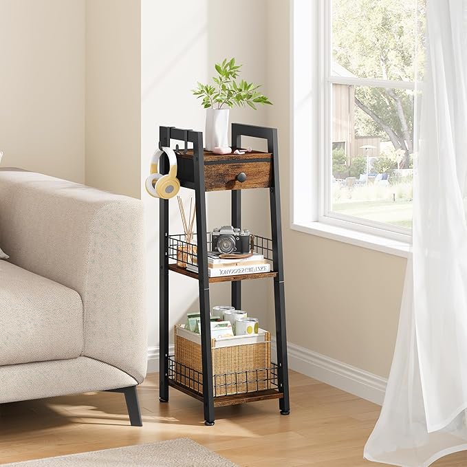 3-Tier Narrow Ladder Shelf with Drawer, Bathroom Floor Storage Shelf, Freestanding Tower Shelf Ladder Bookshelf Brown
