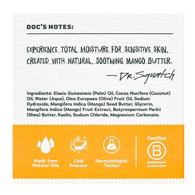 Dr. Squatch NEW Total Moisture Bar Soap for Men - No Added Fragrance Formulated for Sensitive Skin - Mango Butter (5 oz, 3-pack)