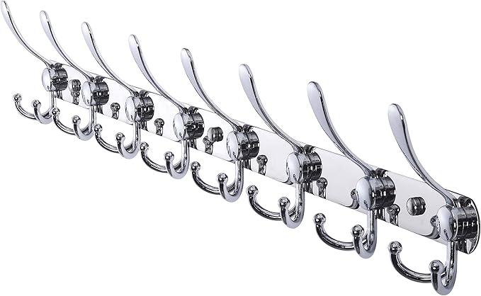 Dseap Coat Rack Wall Mount - 29.5” Long 8-Tri-Hooks Heavy Duty Coat Hanger Rail Wall Hooks for Hanging Coats Hats Clothing Clothes Purse Mudroom Entryway, Chromed