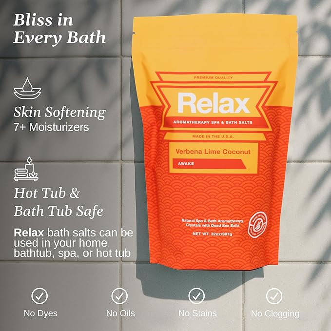 Relax Spa & Bath, Epsom & Dead Sea Salts, Aromatherapy Bath Salts for Hot Tub, Bath, or Spa, Infused with Magnesium, Verbena Lime Coconut Scent