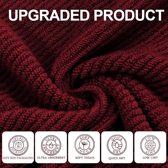 VOOVA & MOVAS 3 Piece Towel Set - 100% Cotton | Quick Dry | Soft | Thick,1 Large Bath 30" x 56", 1 Hand 18" x 28", 1 Wash Cloth 13" x 13", Towels for Bathroom, Bathroom Towels Gift, Burgundy