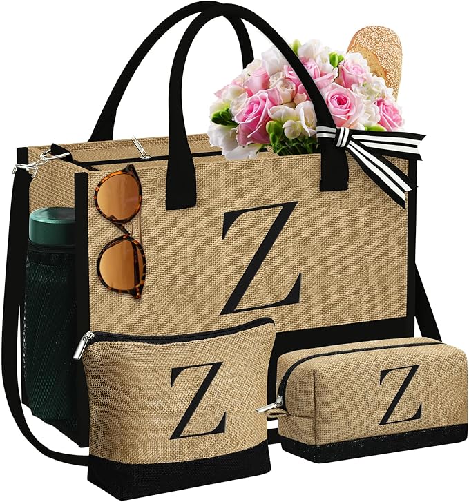YOOLIFE Christmas Gifts for Women - Initial Jute Tote Bag & 2 Makeup Bags Personalized Gifts for Women Teacher Mom Friend