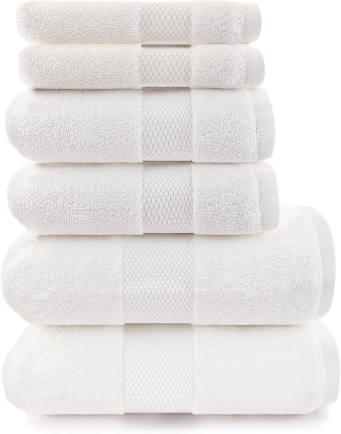 Maisonette Elegance 100% Organic Cotton Turkish Bathroom Towels Set, Soft & Absorbent, Ideal Quick Dry Luxury Large Bath Sheets, Hand Towels & Washcloths for Shower (6 Pack), White