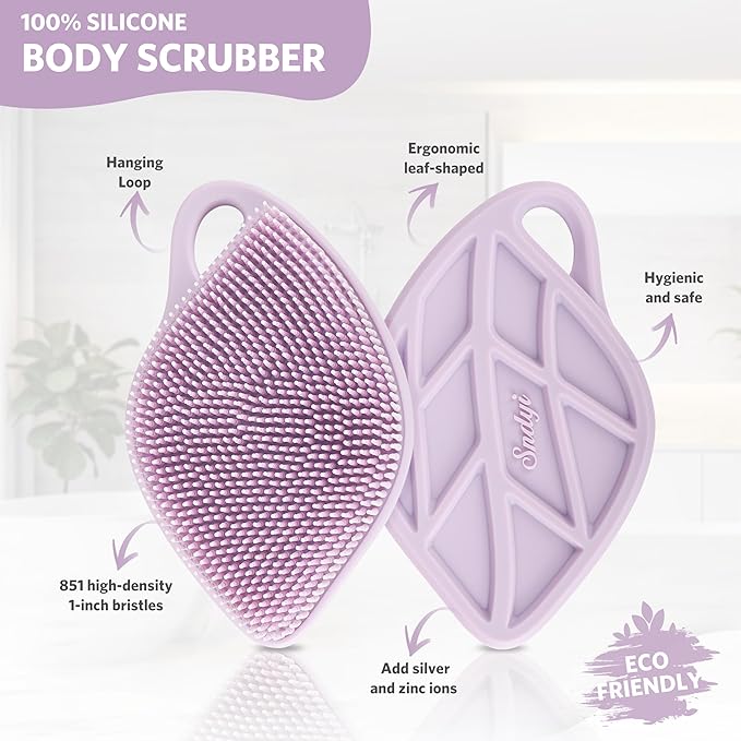 Sndyi Silicone Body Scrubber, Gentle Exfoliating Body Scrubber for Sensitive Skin, Leaf Shaped Shower Scrubber for Body with Lathering Bristles, Silicone Loofah Body Brush for Showering, Purple