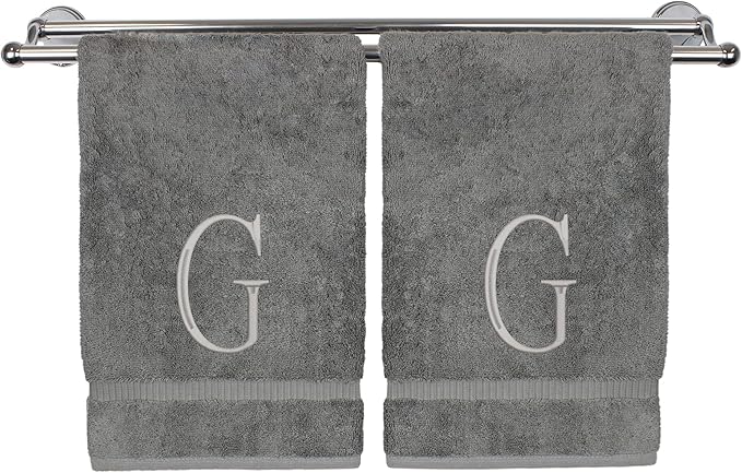 Monogrammed Hand Towel, Personalized Initial Gift, Extra Absorbent 100% Turkish Cotton - Soft Terry Finish - Set of 2 - Silver Block Initial G - Embroidered on Grey Towels