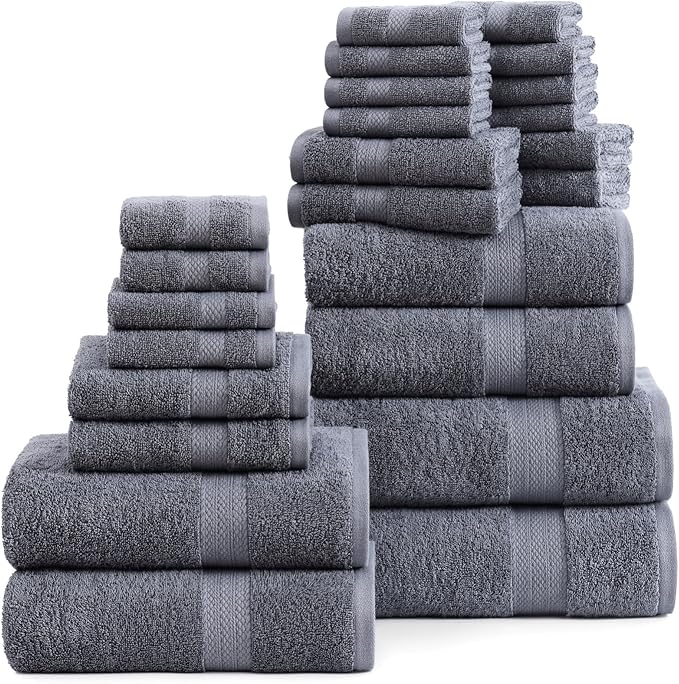 LANE LINEN 100% Cotton Bath Towels Set - 24 PCs - Durable, Quick Dry, Super Soft & Highly Absorbent - 4 Bath, 4 Fingertip, 6 Hand Towels, 8 Washcloths, 2 Bath Sheets - Perfect Family Set - Cool Grey