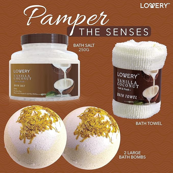 Gifts For Women Gift Basket for Women– 9 Piece Christmas Gifts Set of Vanilla Coconut Home Spa Set, Luxurious Holiday Bath and Body Sets Includes Fragrant Lotions, Extra Large Bath Bombs, Coconut Oil