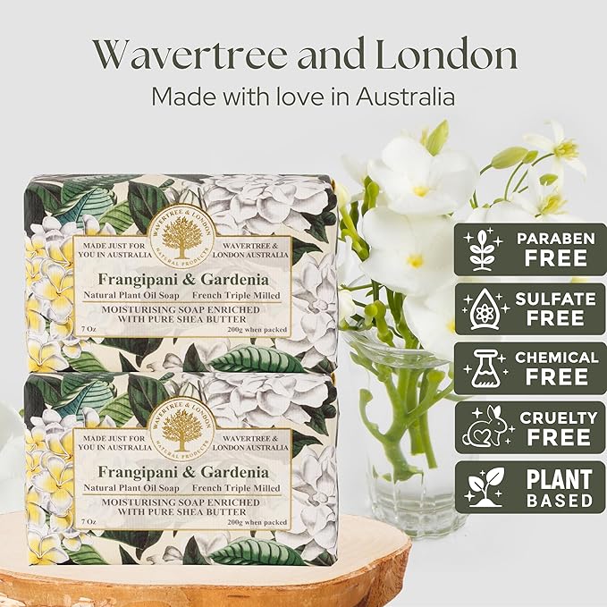 Wavertree & London Frangipani Gardenia Scented Natural Soap (2 Bars), 7oz Moisturizing French Triple Milled Soap Bars enriched with shea butter - Pure Plant Based Bath & Body Bars for All Skin Types